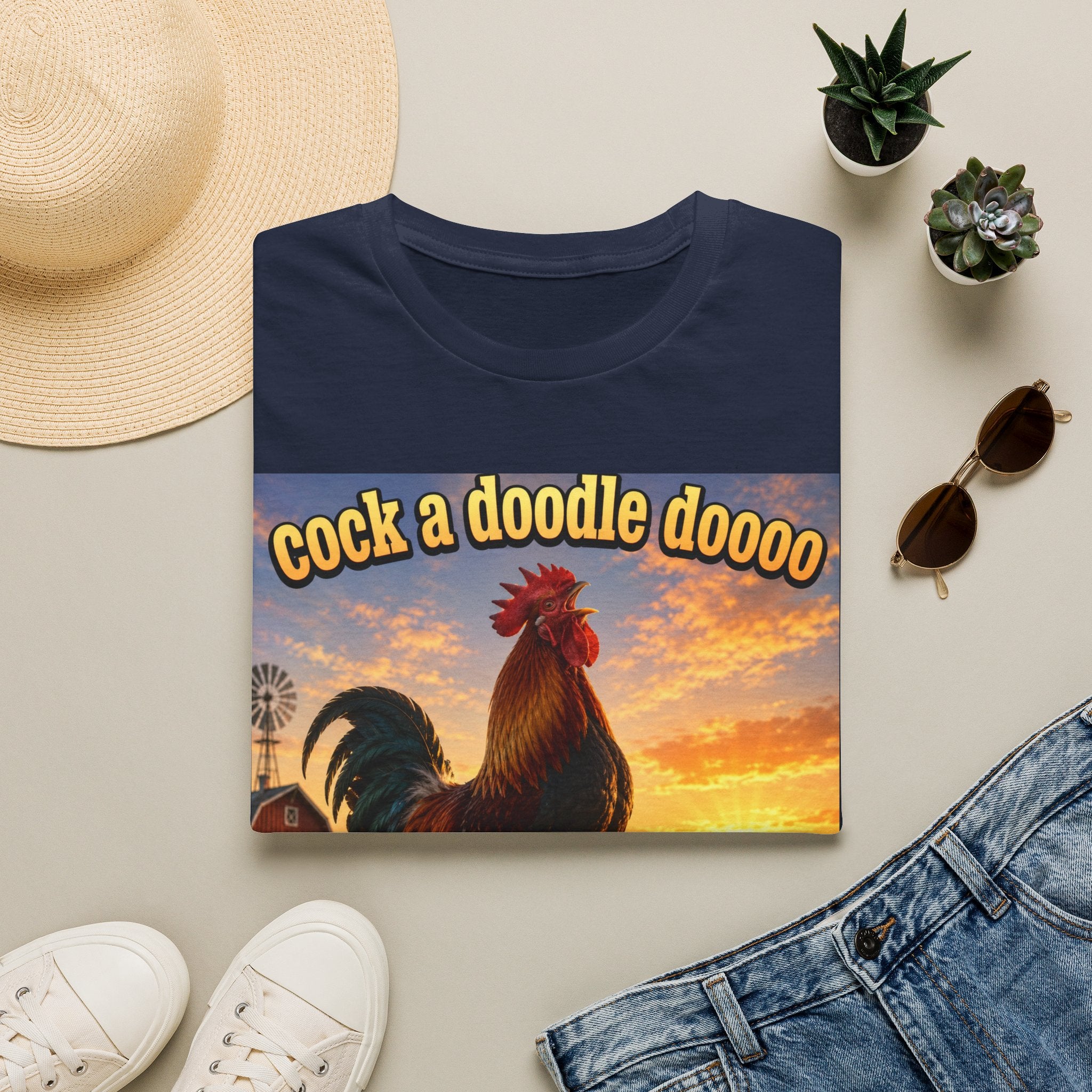 Rooster Sunset T-Shirt — "cock a doodle doooo" Humorous Farm Animal Tee