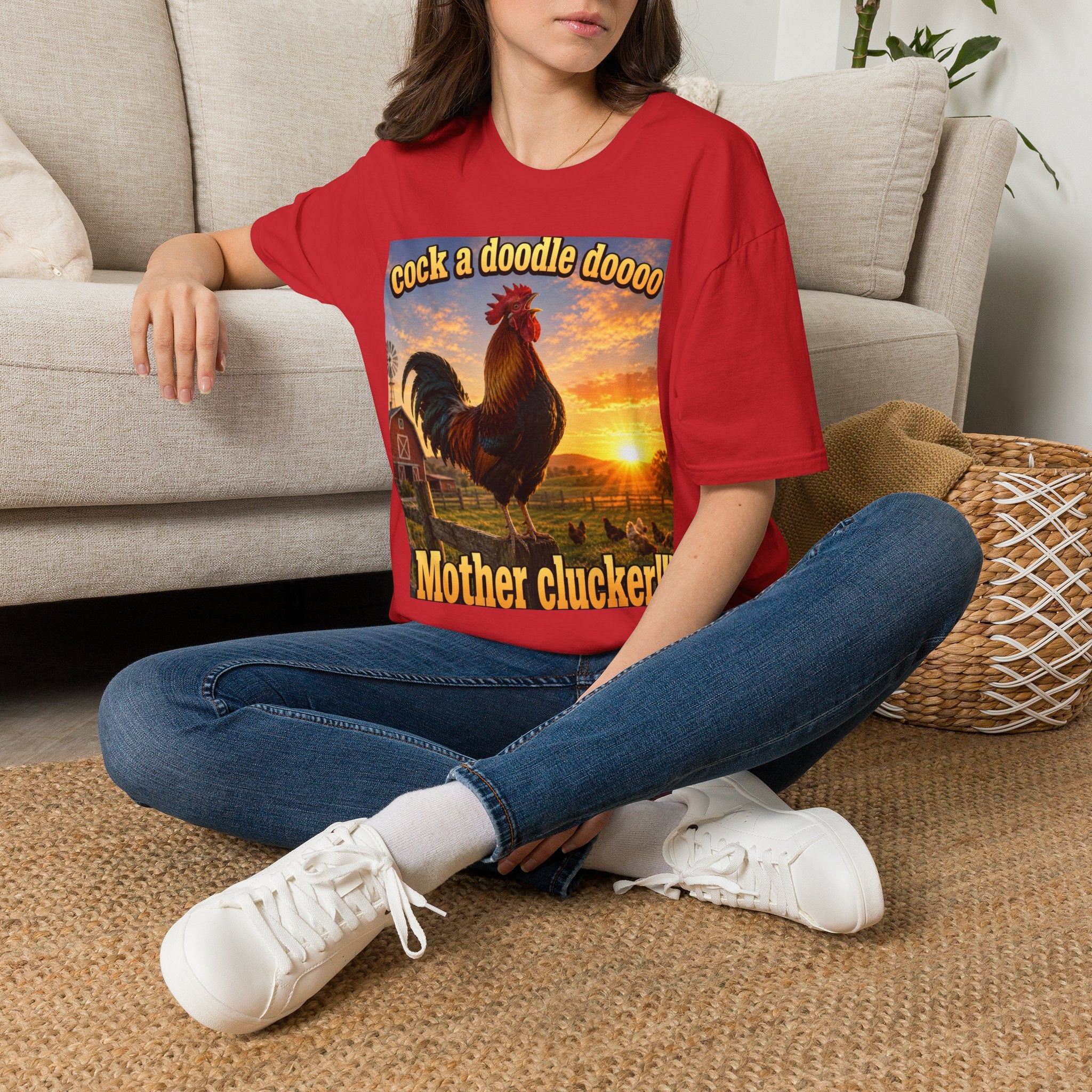 Rooster Sunset T-Shirt — "cock a doodle doooo" Humorous Farm Animal Tee