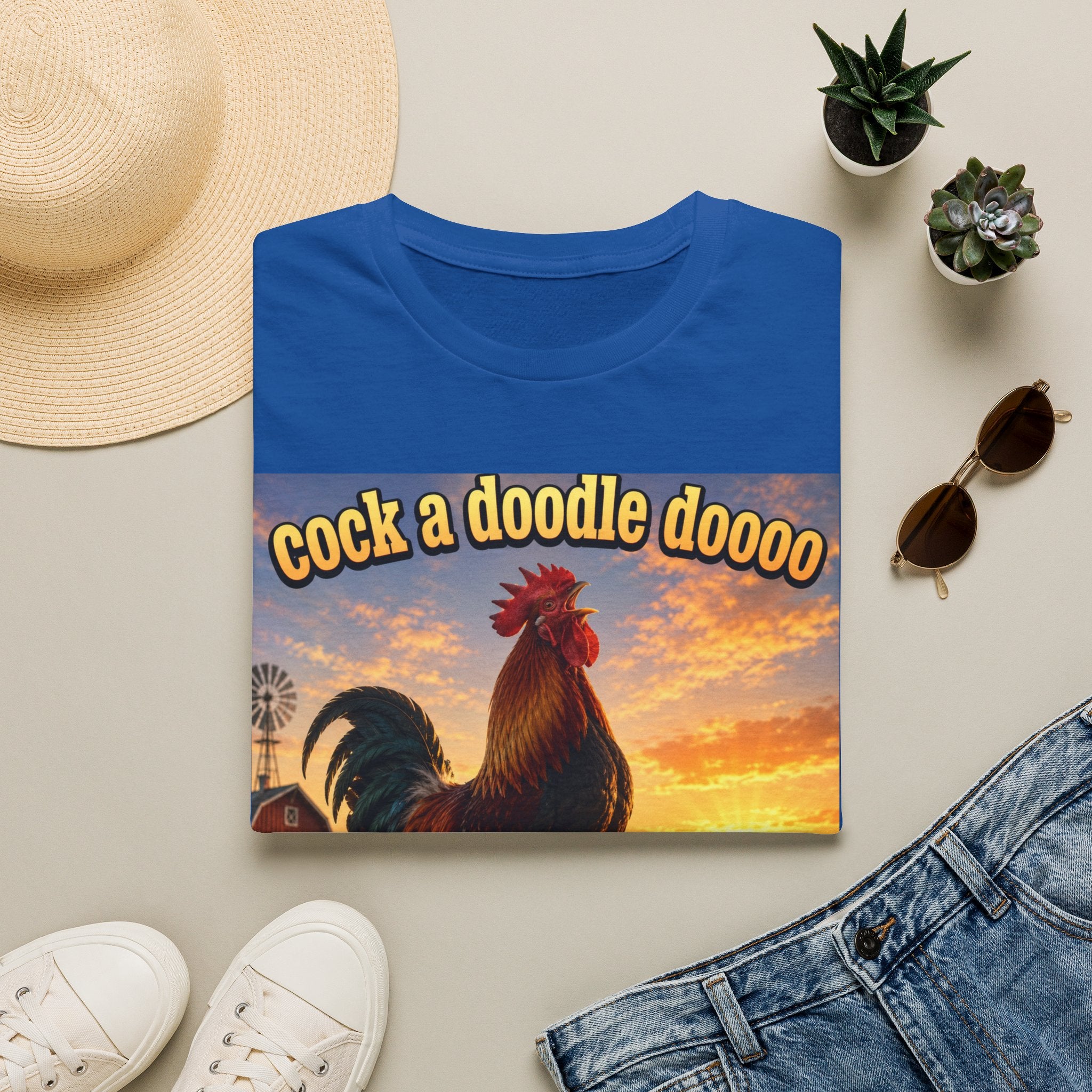 Rooster Sunset T-Shirt — "cock a doodle doooo" Humorous Farm Animal Tee