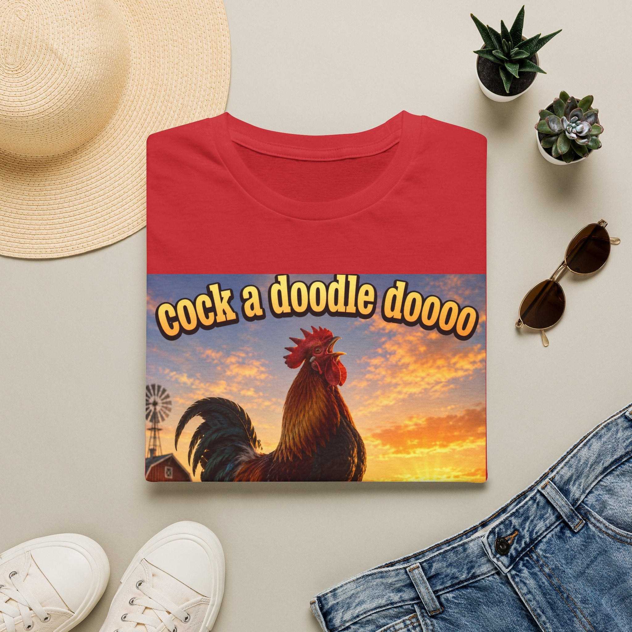 Rooster Sunset T-Shirt — "cock a doodle doooo" Humorous Farm Animal Tee