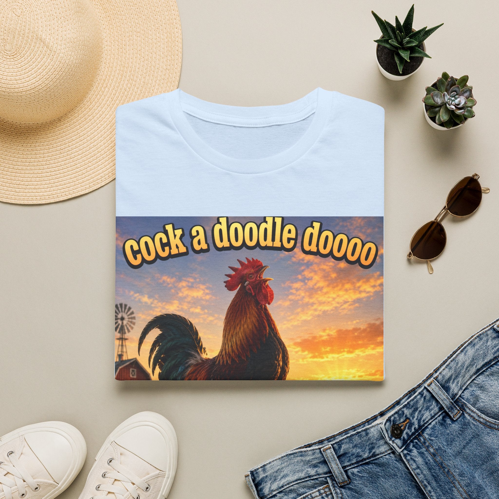 Rooster Sunset T-Shirt — "cock a doodle doooo" Humorous Farm Animal Tee