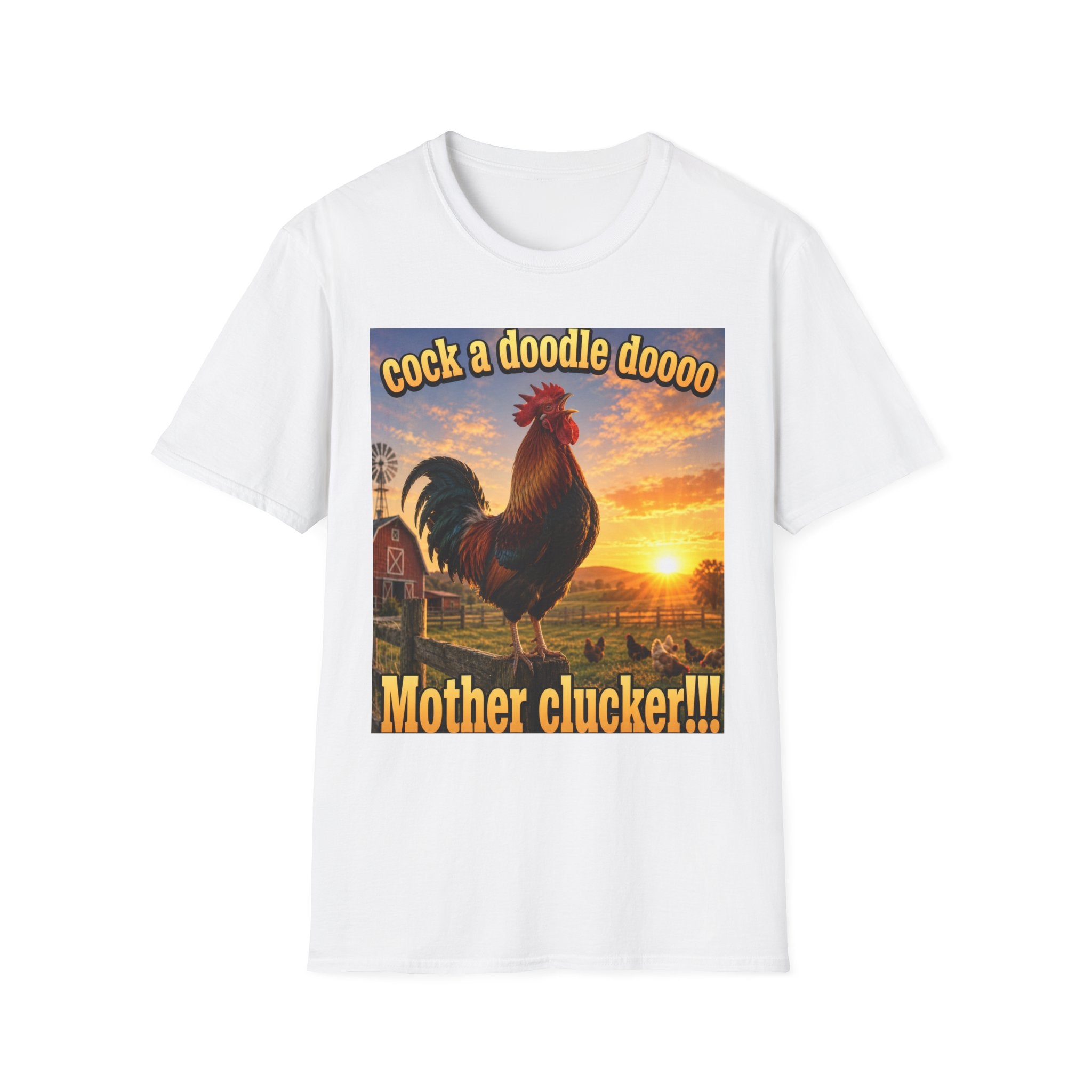 Rooster Sunset T-Shirt — "cock a doodle doooo" Humorous Farm Animal Tee