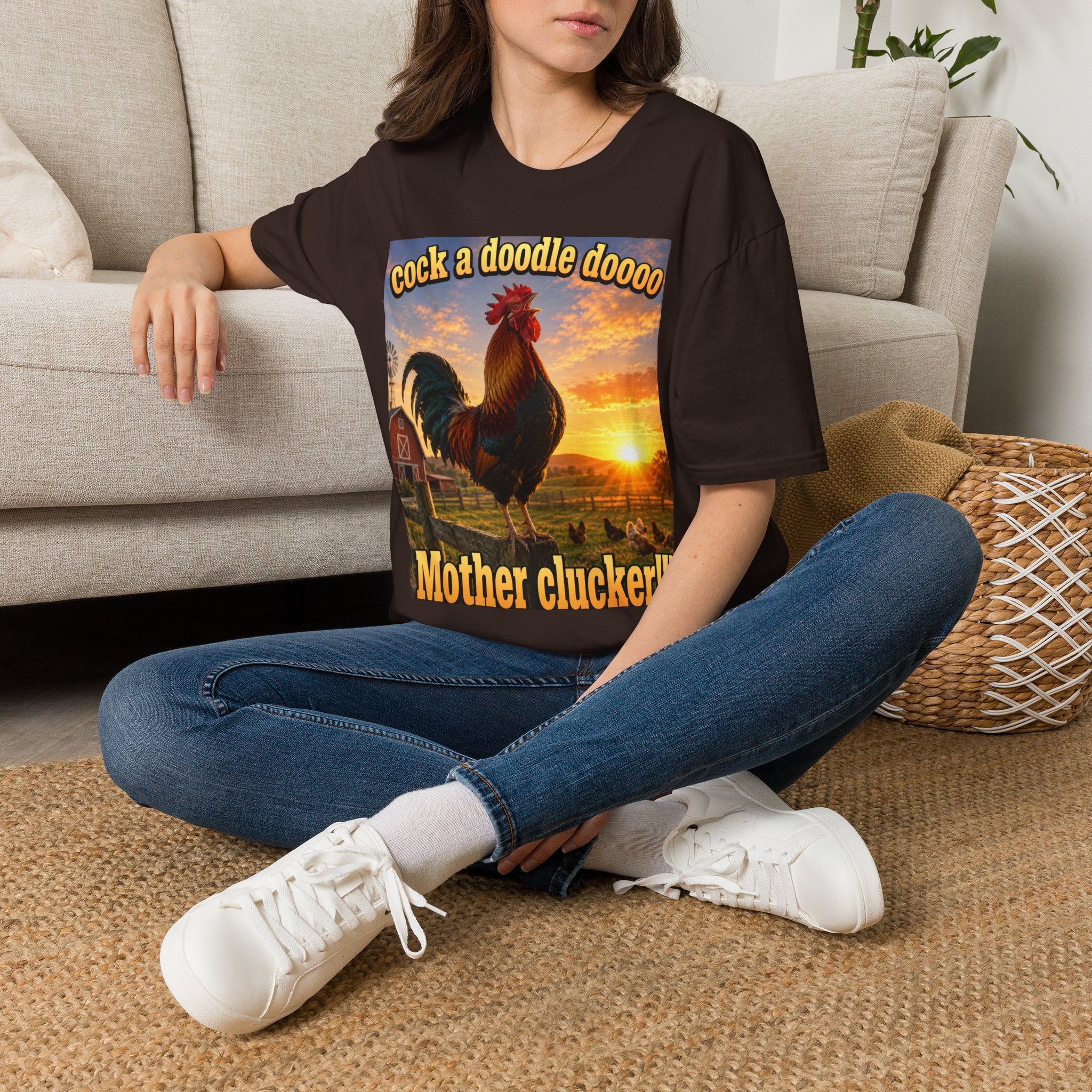 Rooster Sunset T-Shirt — "cock a doodle doooo" Humorous Farm Animal Tee