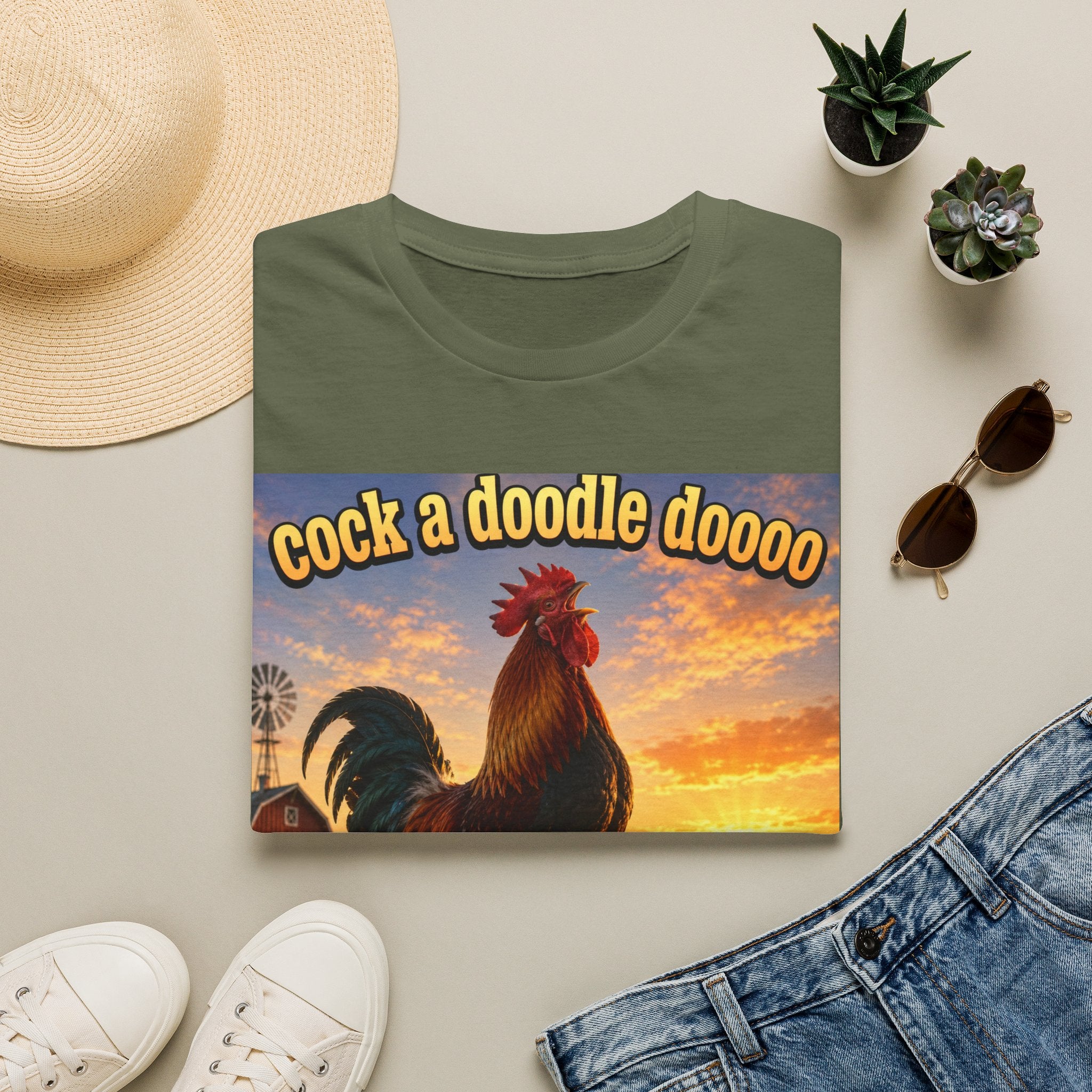 Rooster Sunset T-Shirt — "cock a doodle doooo" Humorous Farm Animal Tee