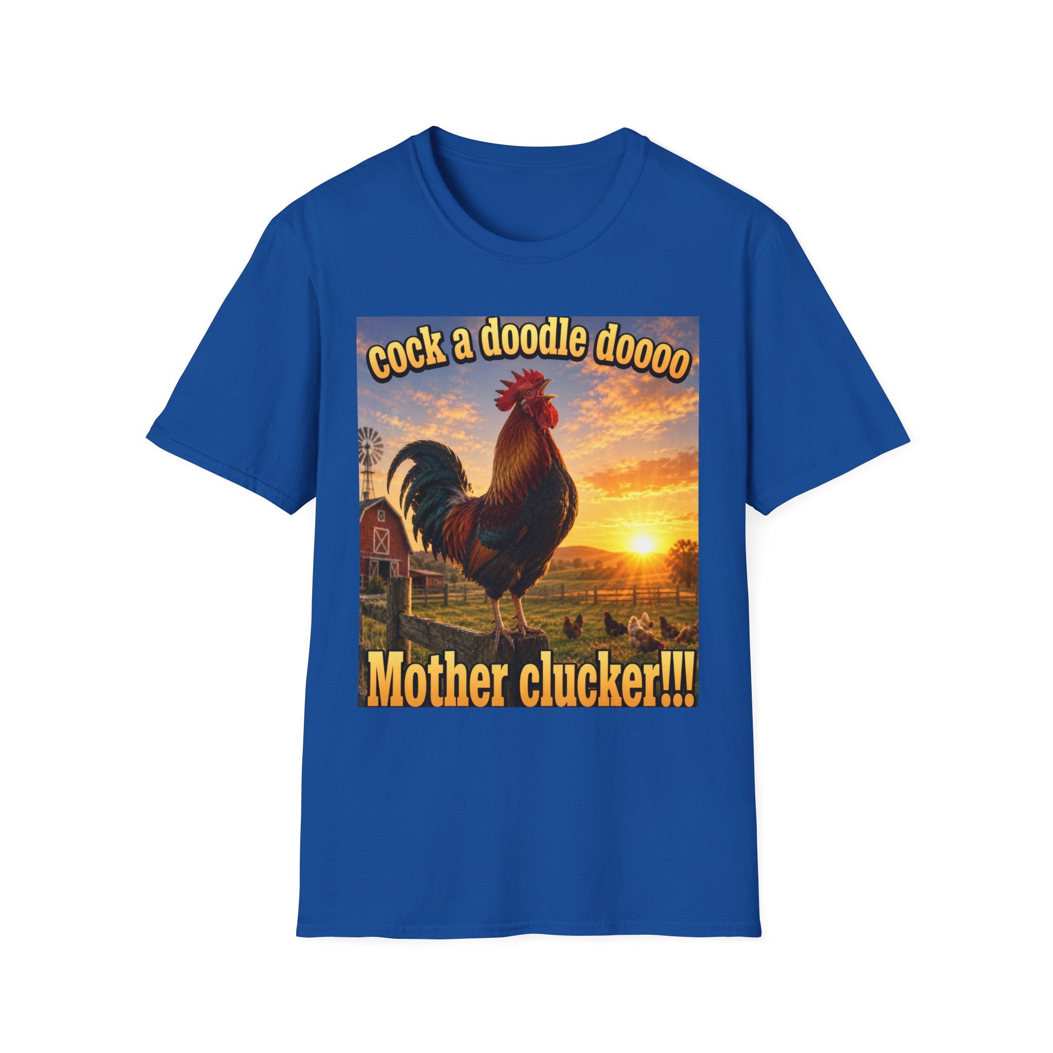 Rooster Sunset T-Shirt — "cock a doodle doooo" Humorous Farm Animal Tee