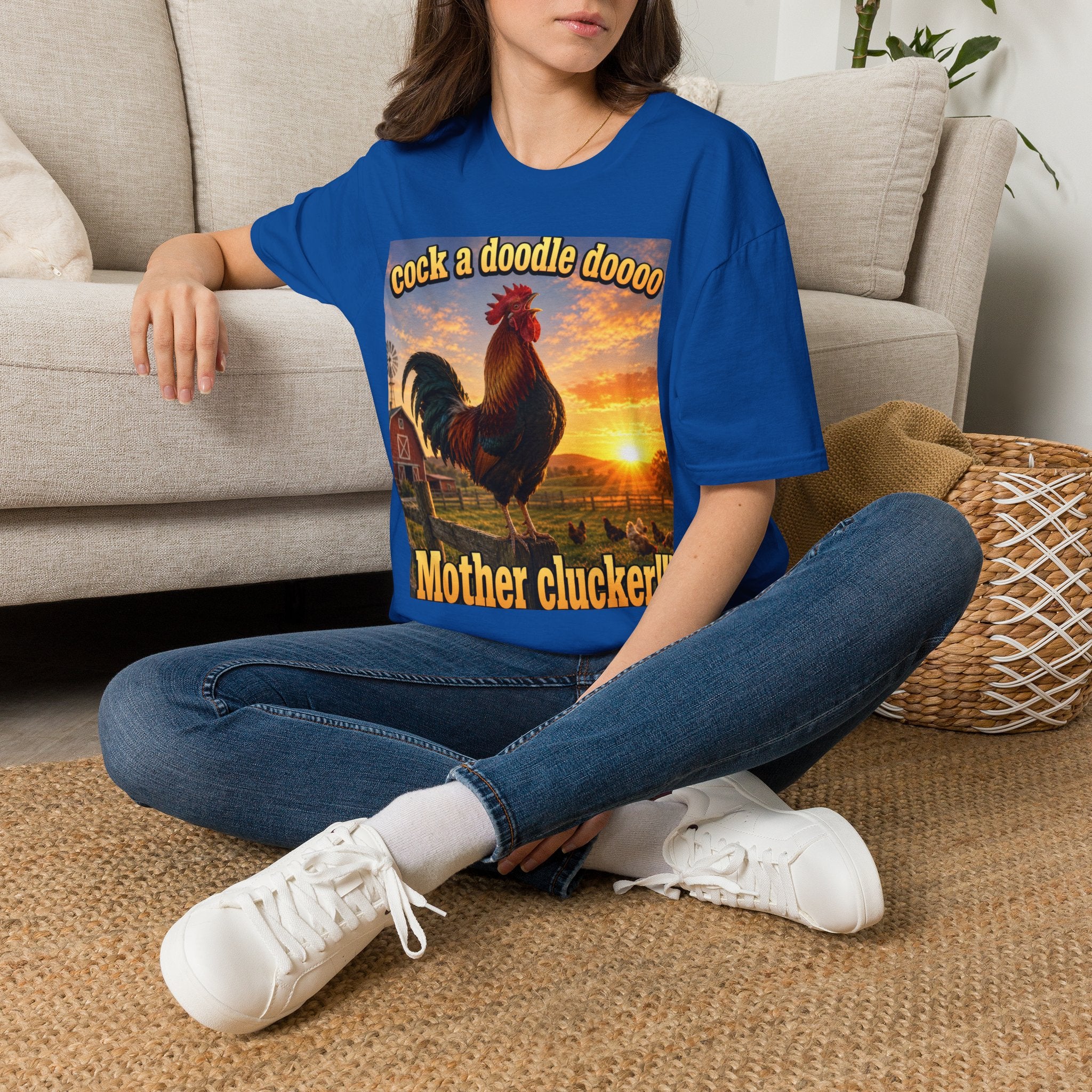 Rooster Sunset T-Shirt — "cock a doodle doooo" Humorous Farm Animal Tee