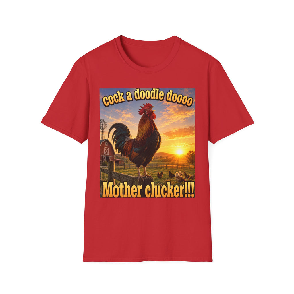 Rooster Sunset T-Shirt — "cock a doodle doooo" Humorous Farm Animal Tee