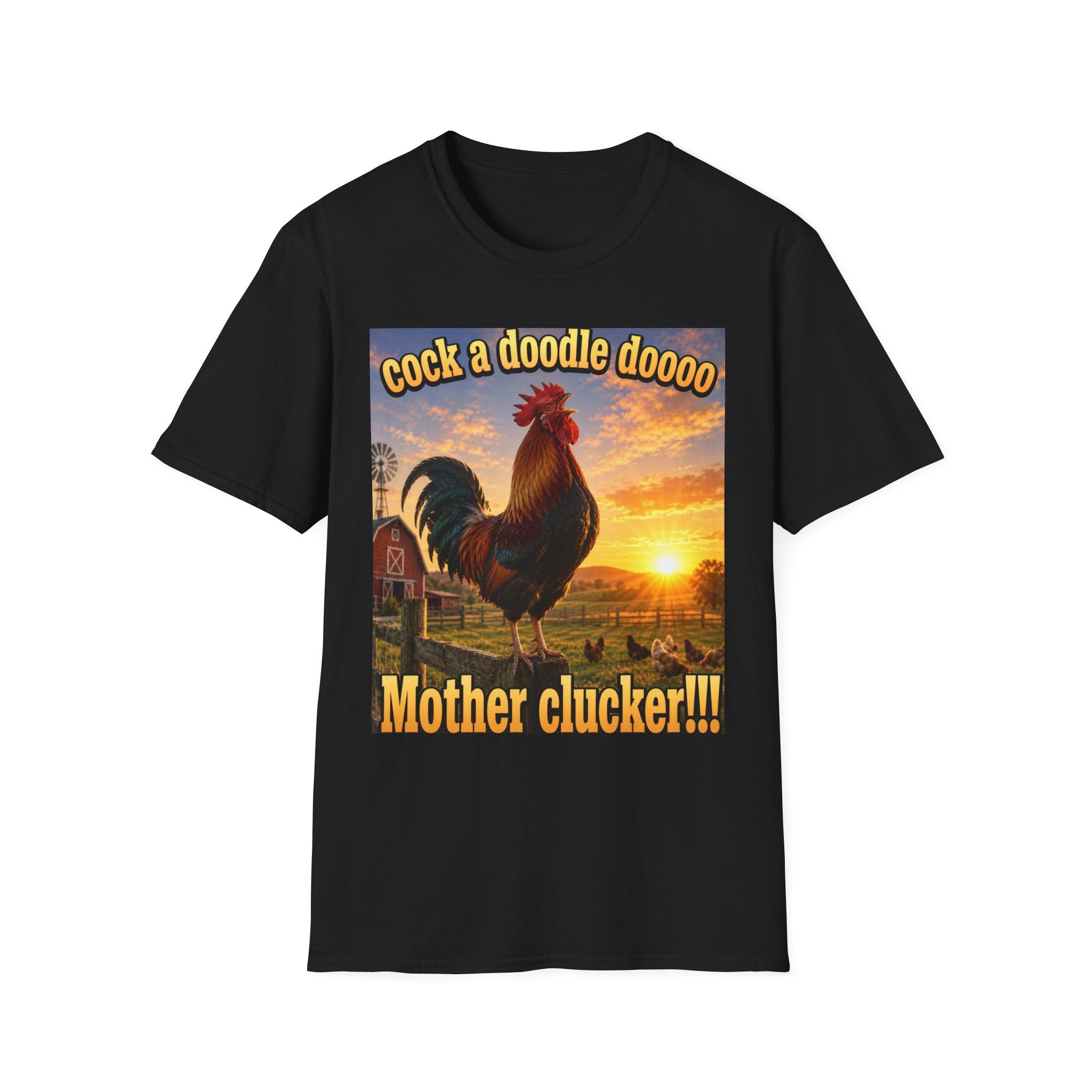 Rooster Sunset T-Shirt — "cock a doodle doooo" Humorous Farm Animal Tee