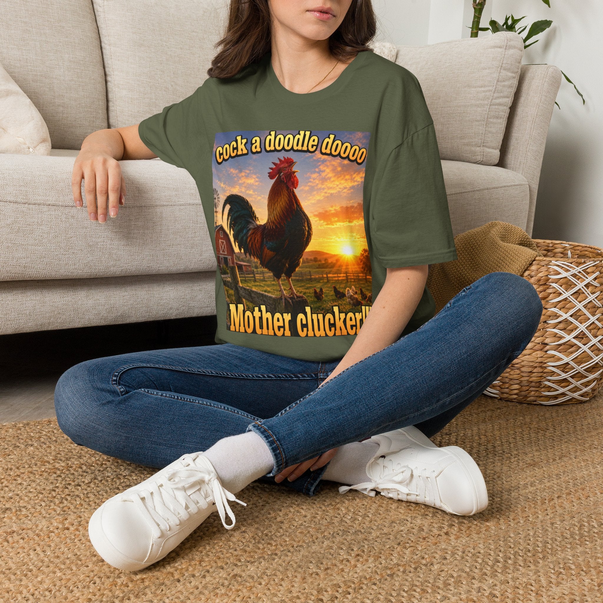 Rooster Sunset T-Shirt — "cock a doodle doooo" Humorous Farm Animal Tee