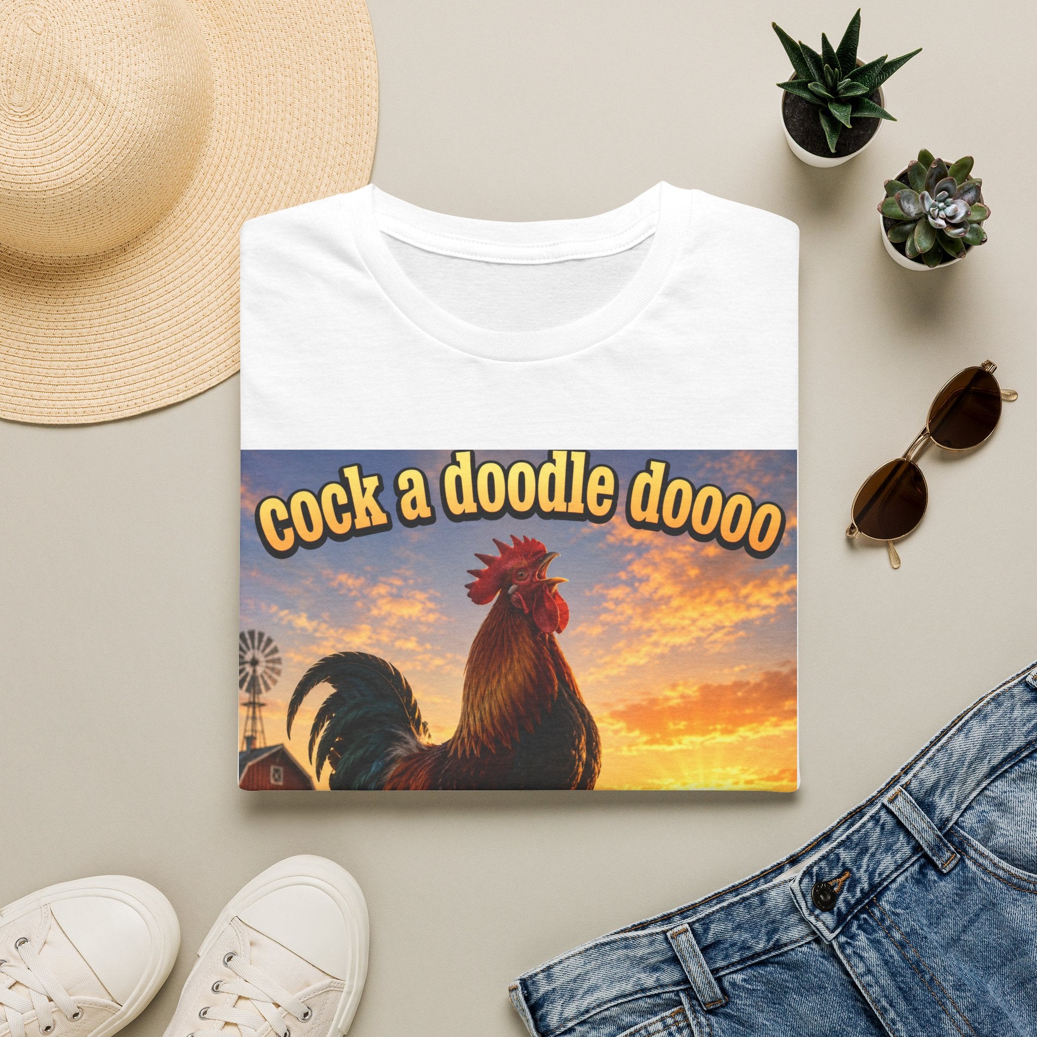 Rooster Sunset T-Shirt — "cock a doodle doooo" Humorous Farm Animal Tee