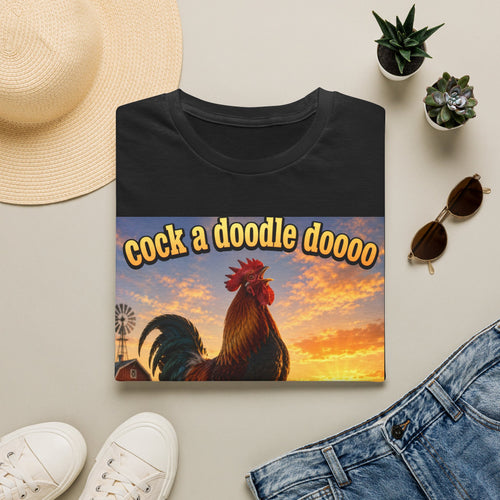 Rooster Sunset T-Shirt — "cock a doodle doooo" Humorous Farm Animal Tee