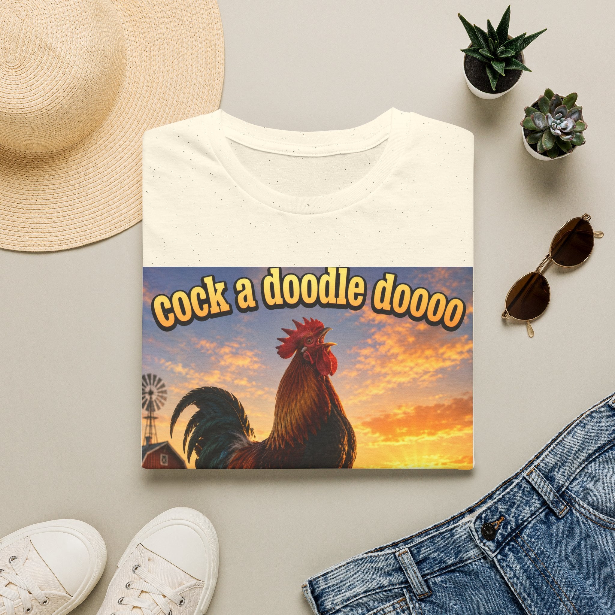 Rooster Sunset T-Shirt — "cock a doodle doooo" Humorous Farm Animal Tee