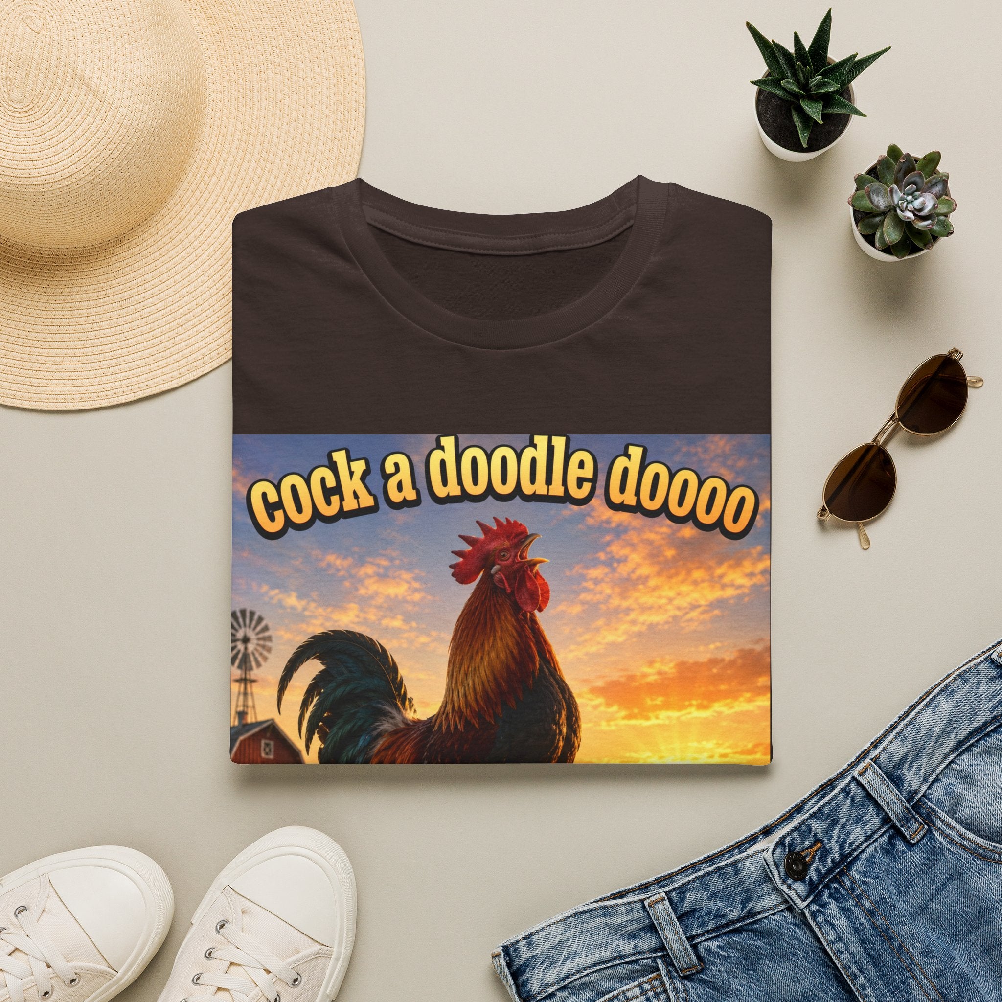 Rooster Sunset T-Shirt — "cock a doodle doooo" Humorous Farm Animal Tee