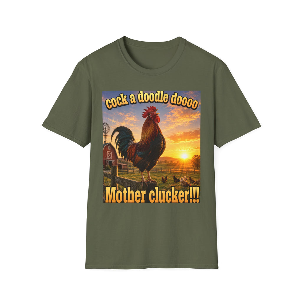 Rooster Sunset T-Shirt — "cock a doodle doooo" Humorous Farm Animal Tee