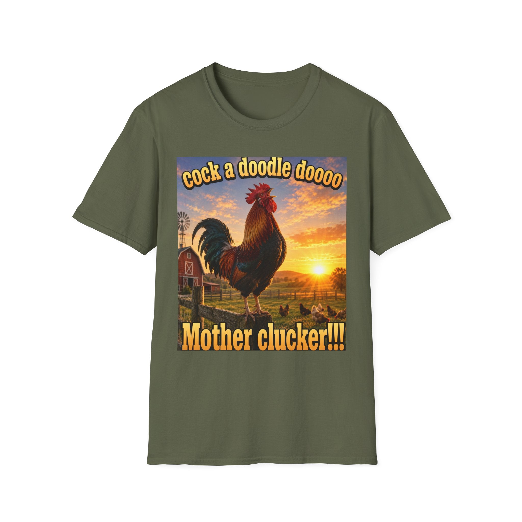 Rooster Sunset T-Shirt — "cock a doodle doooo" Humorous Farm Animal Tee